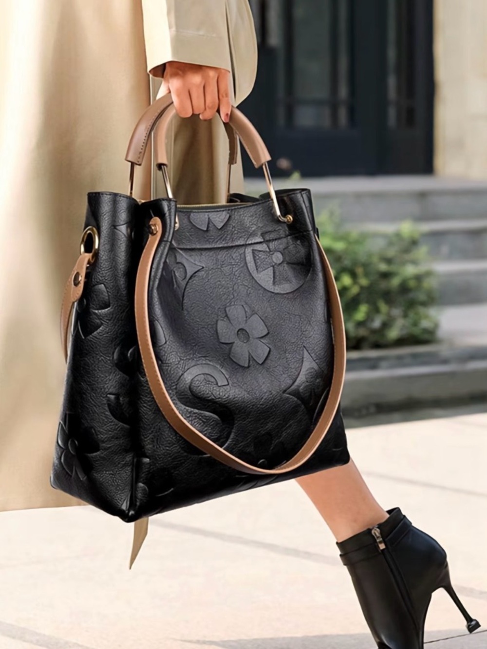 Embossed Black Tote Bag with Tan Handles